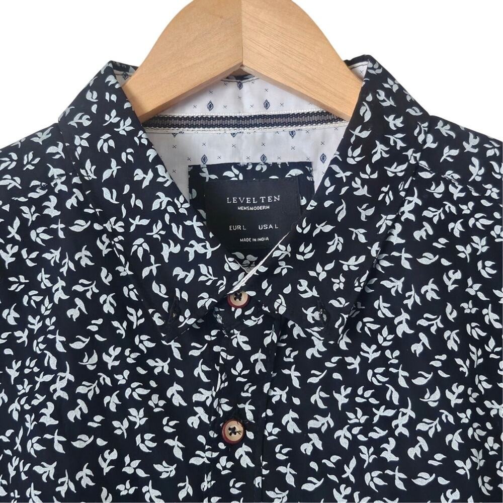 Level Ten Men's Black Leaf Print Button Down Shirt Cotton Resort Streetwear L